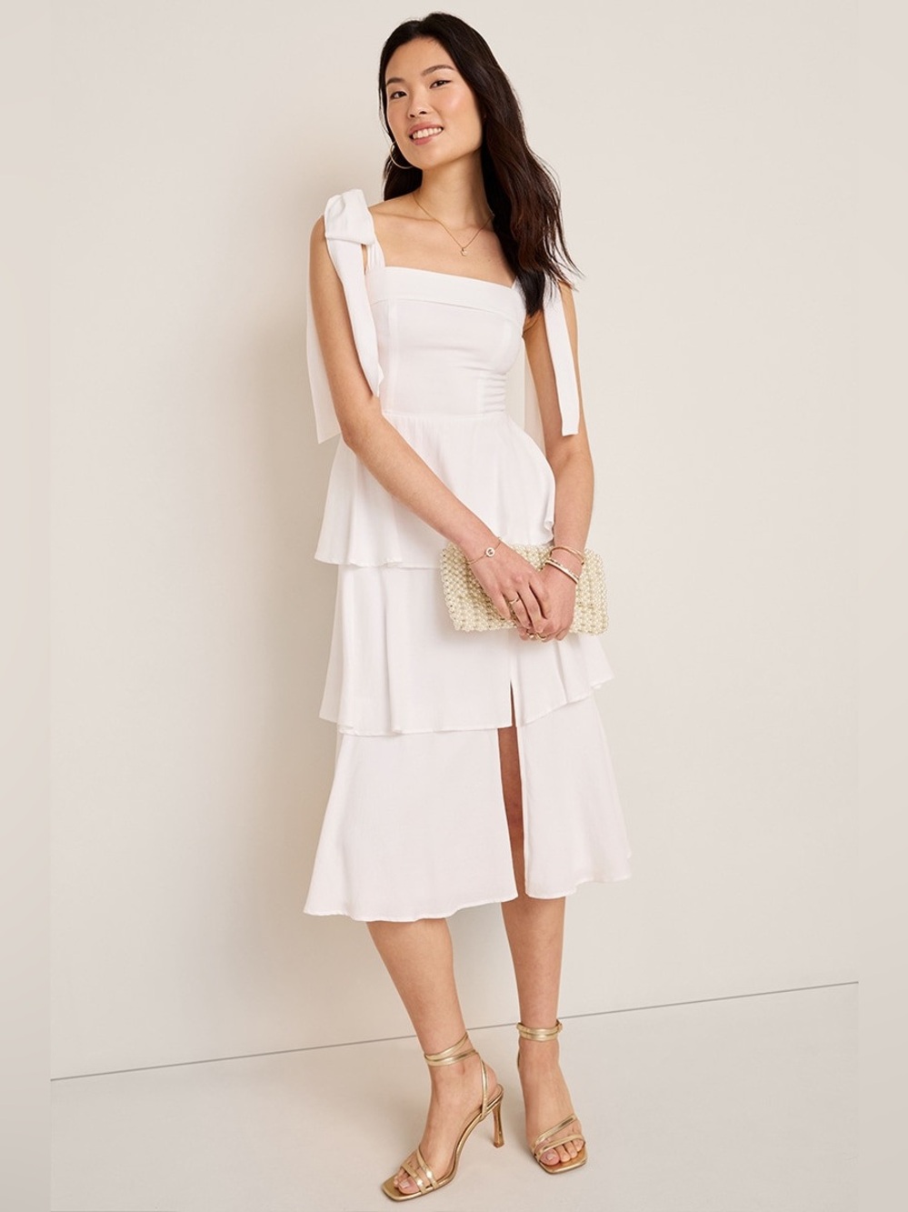 Francesca’s Gail Tiered Bow Strap Midi Dress